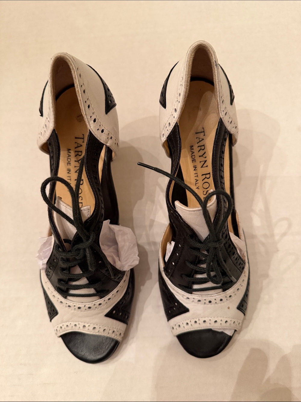 Taryn Rose Black & White Open-Toe Lace-Up Heels euro 36 USA size 5